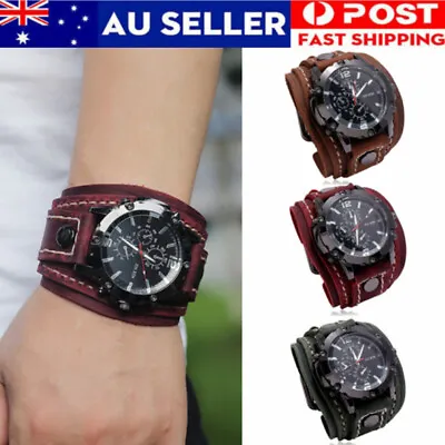 Retro Big Wide Genuine Leather Strap Watch Punk Quartz Cuff Watch Men Wristwatch • $16.71