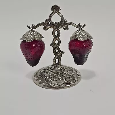 RARE VTG Red Glass Hanging Strawberry Salt & Pepper Shakers W Stand EP. Zinc • $110