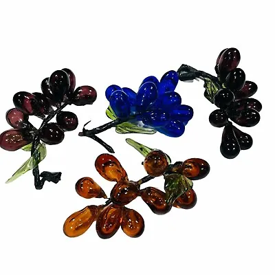 Murano Vintage 4 Piece MCM Hand Blown Glass Cluster Of Grapes & Leaves • $85