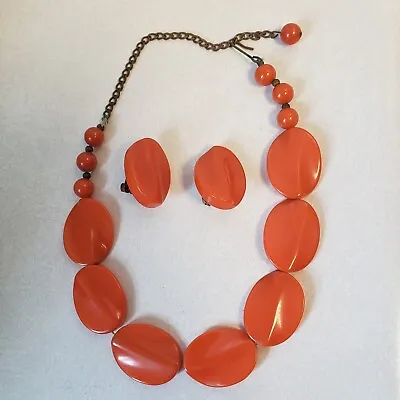 Vintage Bakelite? 1960s Resin Plastic Orange Oval Necklace Earring Set Bronze 16 • $11.99