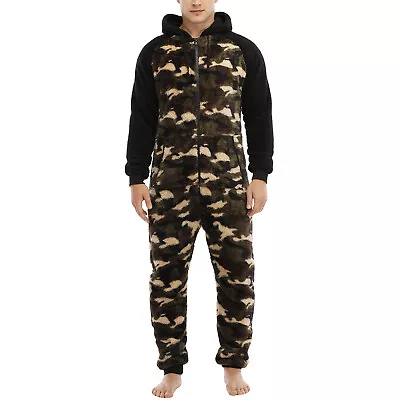 Men Hooded One Piece Pajamas Fuzzy Fleece Zip Up Long Sleeve Long Pants Jumpsuit • $35.99