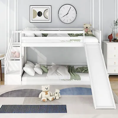 Double Single Kids Wooden Bunk Beds With Slide And Ladder 3FT Bed Frame White • £419.99