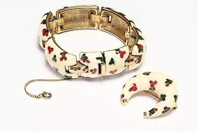 Vintage Ciner White Red Inlaid Enamel Flower Bracelet Crescent Moon Brooch Set • $650