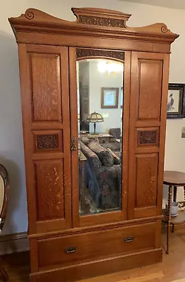 Antique Oak Quartersawn Armoire Wardrobe With Mirror Vintage British Piece • $750