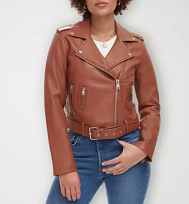 Levi's Faux Leather Belted Moto Jacket Pine Camel Burg Size M L XL NWT $180 • $59