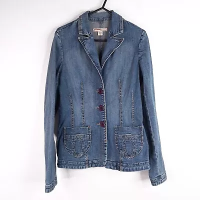 Just Jeans Stretch Denim Jacket Size 8 Blue Long Sleeve Purple Buttons • $11