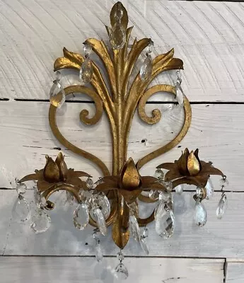 Vtg Italian Ornate Gold Metal Wall Sconce Candle/Light W Crystals - Needs Wiring • $49.99