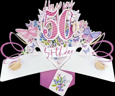50th Birthday Card 3D Pop Up Card Butterfly Design  Female Mum Gran Sister Wife • £5.79