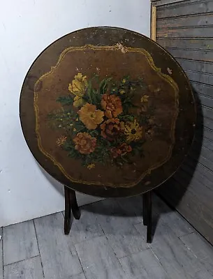 Antique Rustic Victorian Round Folding Tilt Top Floral Wood Table • $270