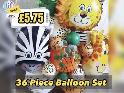 36 X Animal Safari Foil Balloons Set Birthday Party Balloon Jungle Lion Wild One • £5.75