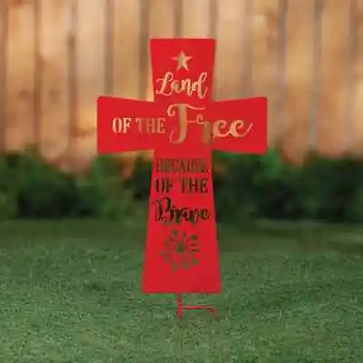 Land Of The Free Because Of The Brave Red Cross Metal  Lawn Garden Stake • $14.99