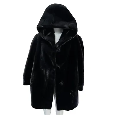 1970’s TISSAVEL FRANCE Plush FAUX FUR COAT W/ HOOD Vintage Black Sz L Vintage • $100.08