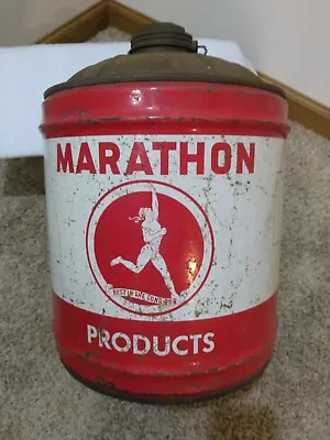 Vintage Marathon Products 5 Gallon Can Oil Advertising Metal W/Caps&Wood Handle • $99