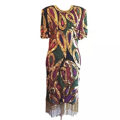 Vintage Laurence Kazar Sequin Dress - Beaded - Cocktail - Fringe Flapper Gold • $110