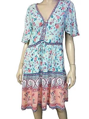 Iris Maxi Soft Rayon Dress Size 12 Green Pink Floral Boho  Short Flutter Sleeve  • $25