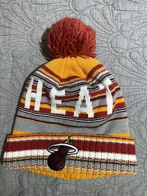 Hat Mitchell And Ness Miami Heat Knit Beanie Hat Toboggan NBA Pom 100% Acrylic • $6.99