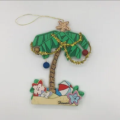 VTG Hawaiian Christmas Ornament Painted Wood Coconut Palm Tree Tinsel Starfish • $15.95