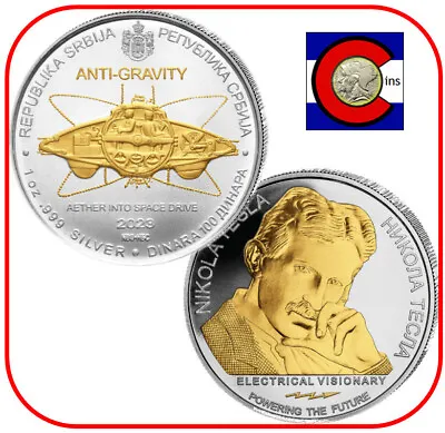 2023 Serbia Nikola Tesla Anti-Gravity Aircraft 1 Oz Gilded Silver Coin In Cap • $94.95