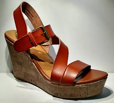 MOSSIMO SUPPLY COM. Sz8 Tan Brown Strap Sandal 5inch Wedge Heels 2inch Front • $16.50