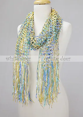 $6.95 • Buy 82  Long Fishnet Tie Dye Scarf Gold Thread Multi Color Crocheted Bling Fringe