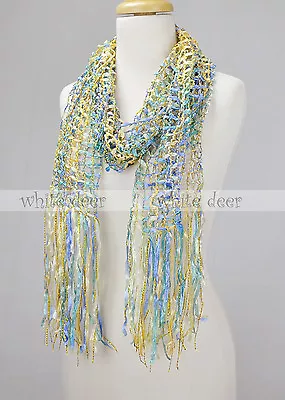 $6.95 • Buy 82  Long Fishnet Tie Dye Scarf Gold Thread Multi Color Crocheted Bling Fringe