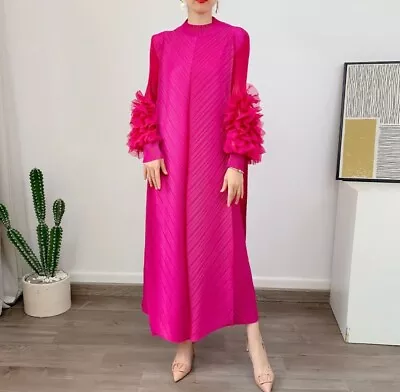 Pleated Pleats Bouncy Magenta Maxi Dress Long Sleeve Ruffle One Size S M L • $25