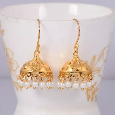 18K Yellow Gold Pearl Beads Indian Traditional Jhumki Jhumka Earring For Wedding • $32.99