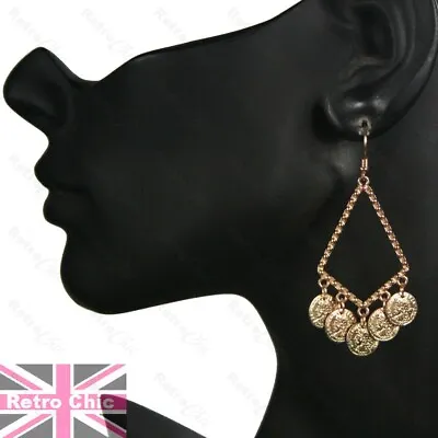 2.5 Long CHANDELIER Gypsy Disc EARRINGS GOLD FASHION Boho Roman Coin Studded • £2.99