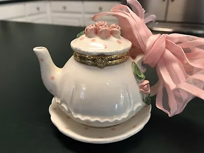 Vintage Teapot Trinket Box Mud Pie 1998 Pink Roses & Polka Dots Original Ribbon • $12