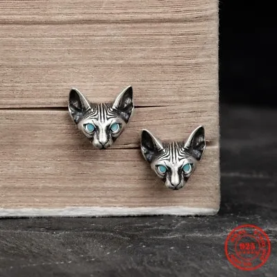 $11.11 • Buy Blue Eyes Sphynx Cat Meditate Yoga Stud Earrings For Men Women Sterling Silver 