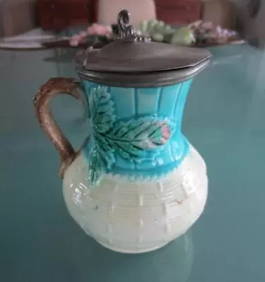 Antique Majolica SYRUP Pitcher JUG WPewter Lid 4½  Turquoise Basket Weave Leaves • $44.99