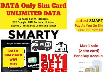 NEW Smarty UK WiFi Router Unlimited £20 DATA ONLY Sim Card Pay As You Go 5G 4G • £0.99