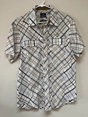 Marc Ecko Mens Shirt Short Sleeve Plaid Button Light Blue Brown Medium • $15.95