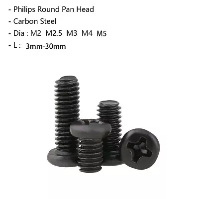 M2 M2.5 M3 M4 M5 Pan Flat Head Phillips Machine Screws Small Bolts Black Zinc • £1.72