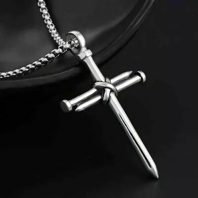 $10.51 • Buy Mens Christ Jesus Nail Rope Cross Pendant Necklace Stainless Steel Chain Silver