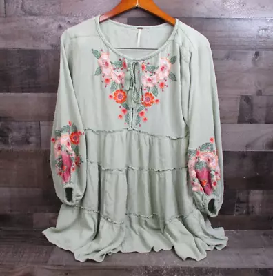 Free People Dress Size XS Mint Green Floral Oversized Midi Peasant Embroidered • $44.50