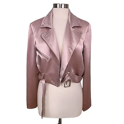 VEDA Womens L Sax Pink Satin Crop Asymmetrial Zip Moto Biker Jacket • $149.99