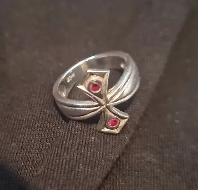 Gothic Unique Sterling Silver Ring Size L Hallmark 925 W/ Red Stones Set • £18.95