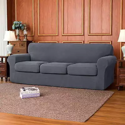 4-Piece Stretch Textured Grid Sofa Cover SlipcoverSeparate Cushion Cover Gray • $29.04