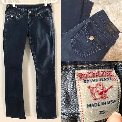 TRUE RELIGION Becky Jewel Button Flap Bootcut Dark Jeans 25 Black Label Stretch • $34.95