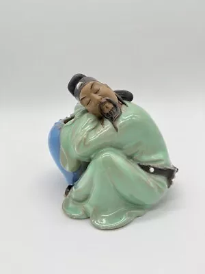 VTG Chinese Shiwan Artist Ceramic Factory Mud Man Figure Sleeping On Blue Urn • $27