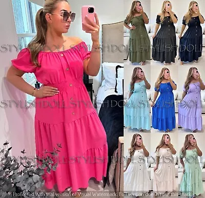 Women Ladies Elasticated Bardot Off Shoulder Button Magic Summer Long Maxi Dress • £16.99