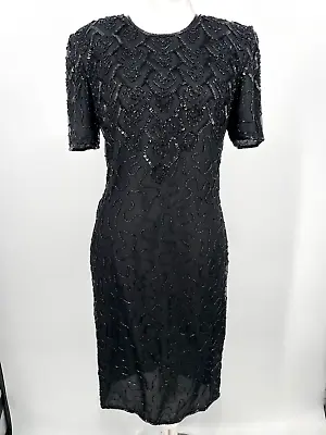 J.M.C Vintage Black Dress Size S Sequin Beaded 100% Silk Evening Formal Cocktail • $37.99