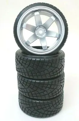 1/10 Scale On-Road 6 Spoke Silver Rims V-Tread Hard Compound Drift Tires Wheels • $8.49