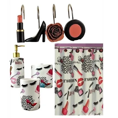 Fashion Boss 5 Piece Fabric Shower Curtain And Accessories Set Makeup Print • $82