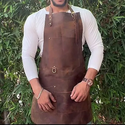 Leather Retro Canvas Work Shop Brown Apron For Men/Women With Pockets • $50.99