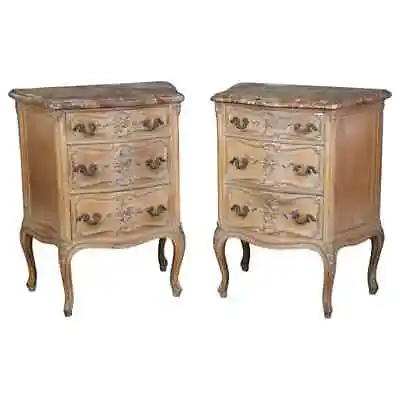 Pair Of French Louis XV Style Distressed Marble Top Commodes Nightstands • $2500