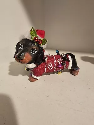 Black Dachshund With Red Knit Cap Sweater & String Of Lights Ornament • $9.98