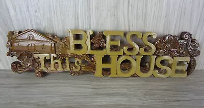 VTG Bless This House Hanging Decoration 60s 70s Brown Floral Cottage Garden Home • $19.95