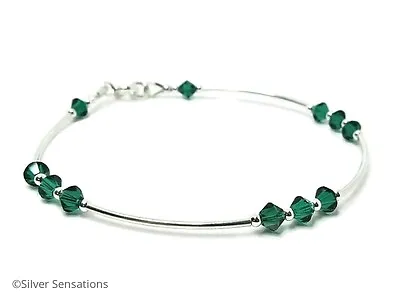 Elegant Sterling Silver Bangle Bracelet With Emerald Green Swarovski Crystals • £25